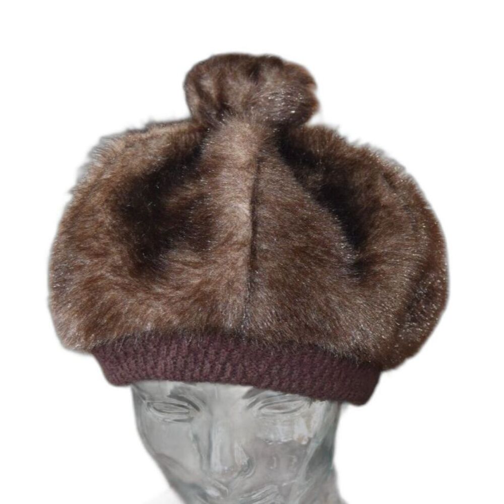 Vintage 1960s Brown Faux Mink Fur Toque Hat Pleated Turban Top Knot